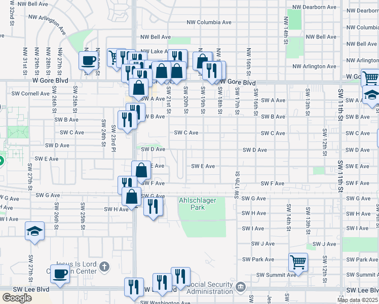 map of restaurants, bars, coffee shops, grocery stores, and more near 406 Southwest 20th Street in Lawton