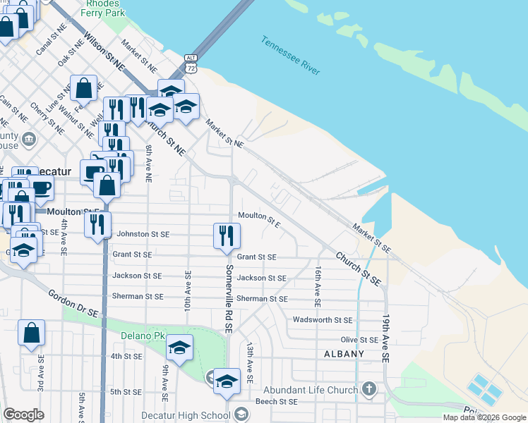 map of restaurants, bars, coffee shops, grocery stores, and more near 1402 Moulton Street East in Decatur