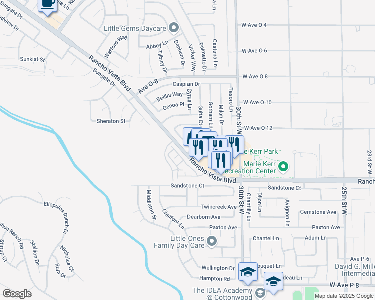 map of restaurants, bars, coffee shops, grocery stores, and more near 3169 Seville Avenue in Palmdale