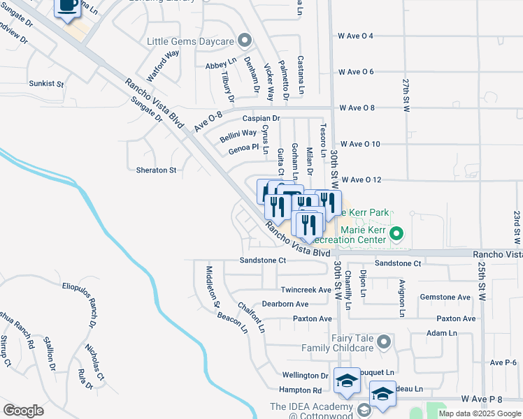 map of restaurants, bars, coffee shops, grocery stores, and more near 3169 Seville Avenue in Palmdale