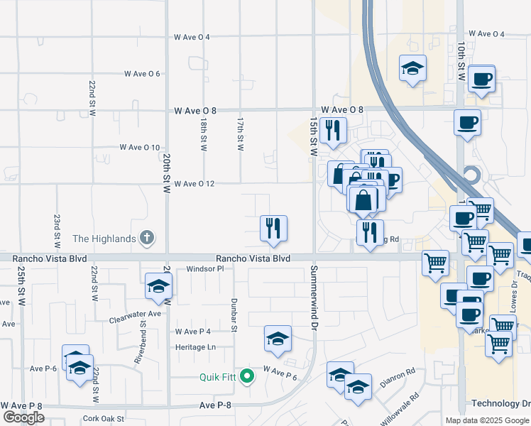 map of restaurants, bars, coffee shops, grocery stores, and more near 39709 Dover Drive in Palmdale