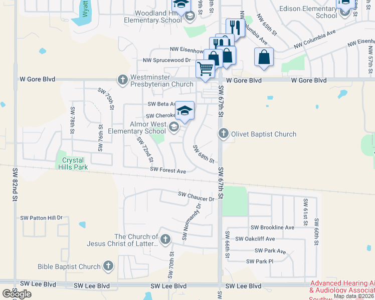 map of restaurants, bars, coffee shops, grocery stores, and more near 509 Southwest 69th Street in Lawton