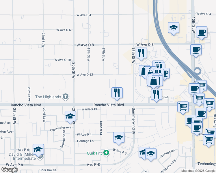 map of restaurants, bars, coffee shops, grocery stores, and more near 1664 Suffolk Court in Palmdale