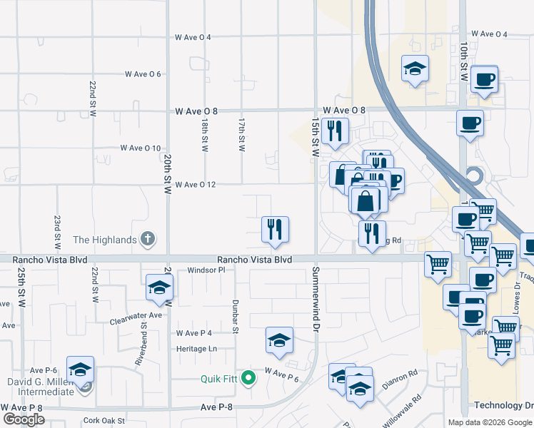 map of restaurants, bars, coffee shops, grocery stores, and more near 39709 Dover Drive in Palmdale
