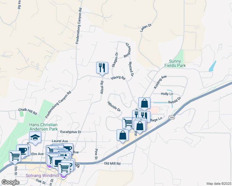 map of restaurants, bars, coffee shops, grocery stores, and more near 750 Hillside Drive in Solvang