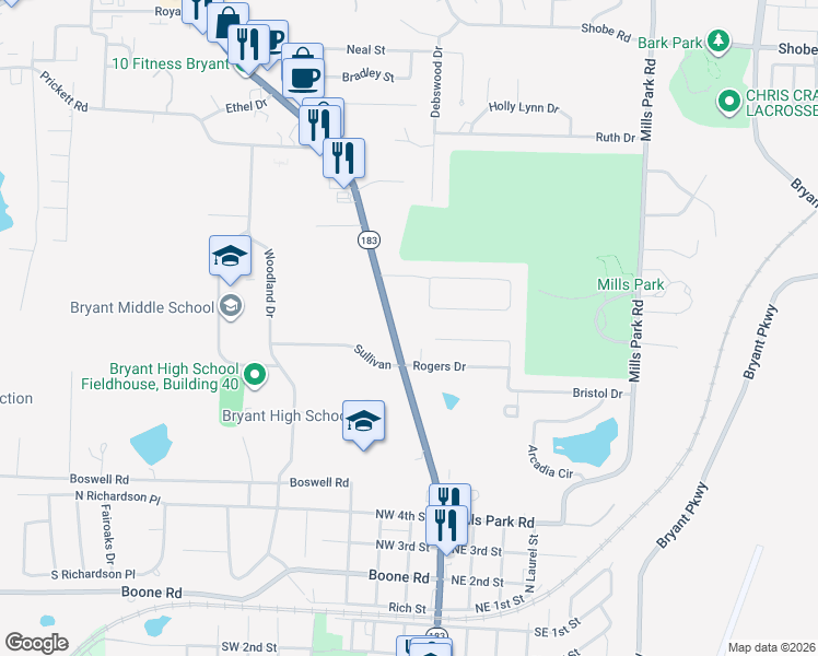map of restaurants, bars, coffee shops, grocery stores, and more near 88 Bame Circle in Bryant