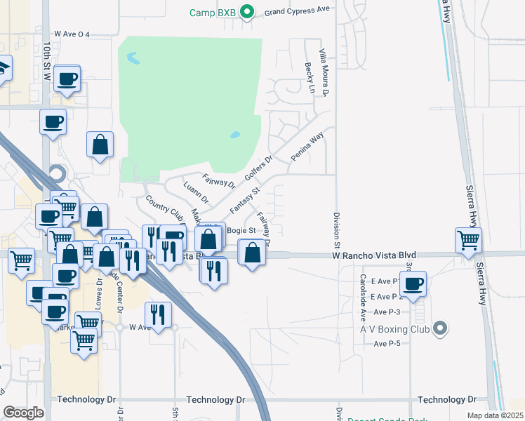 map of restaurants, bars, coffee shops, grocery stores, and more near 305 Bogie Street in Palmdale