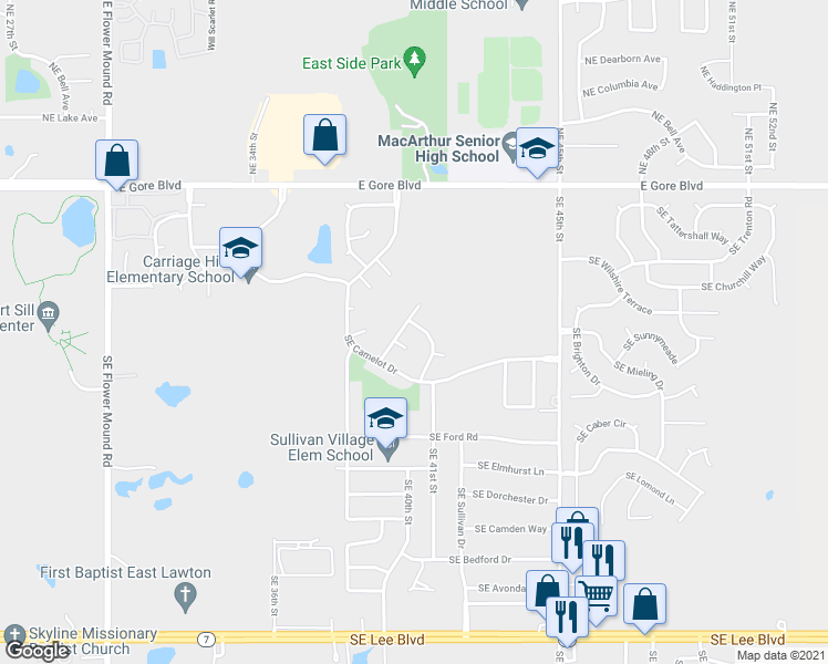 map of restaurants, bars, coffee shops, grocery stores, and more near 403 Southeast Lancelot Lane in Lawton