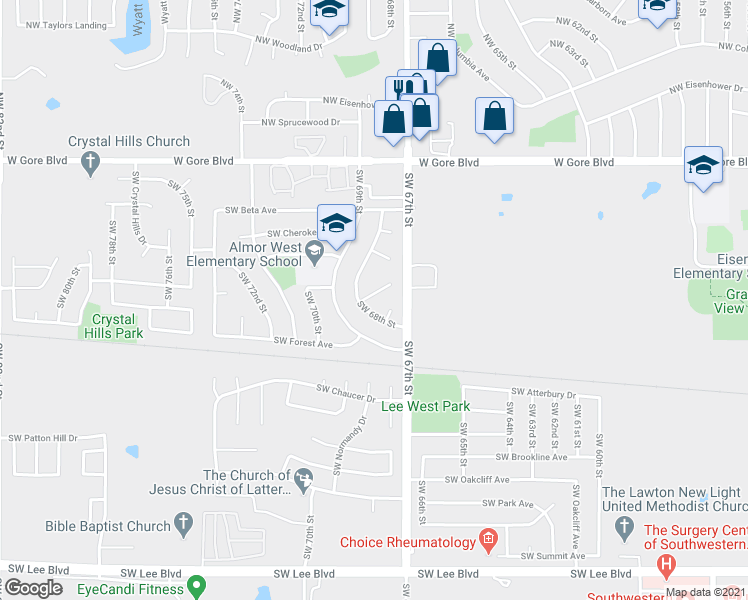 map of restaurants, bars, coffee shops, grocery stores, and more near 6730 Southwest Embassy Circle in Lawton