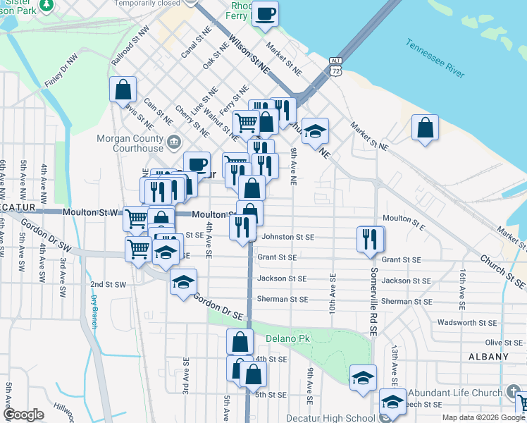 map of restaurants, bars, coffee shops, grocery stores, and more near 619 Moulton Street East in Decatur