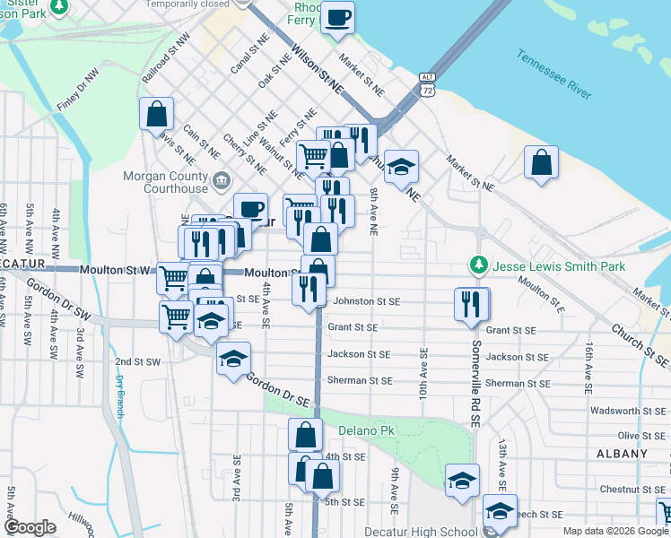 map of restaurants, bars, coffee shops, grocery stores, and more near 619 Moulton Street East in Decatur