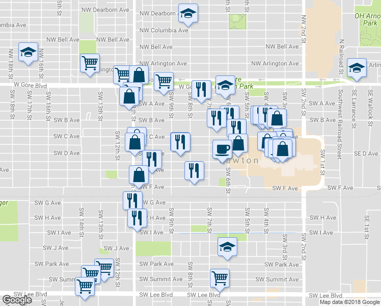 map of restaurants, bars, coffee shops, grocery stores, and more near SW D Ave & SW 8th St in Lawton