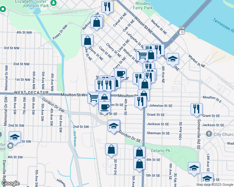 map of restaurants, bars, coffee shops, grocery stores, and more near 247 E Moulton Street East in Decatur