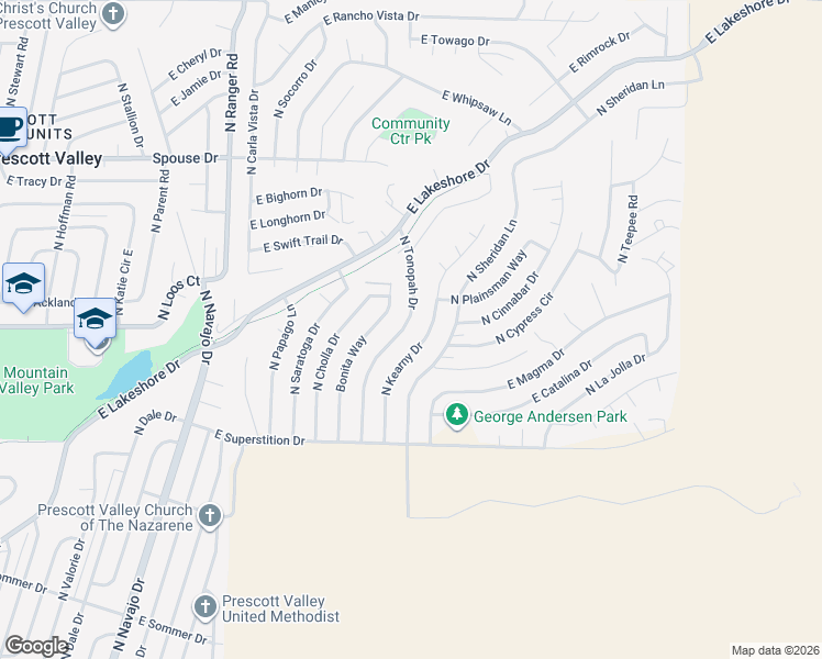 map of restaurants, bars, coffee shops, grocery stores, and more near 4261 North Tonopah Drive in Prescott Valley