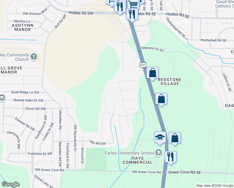 map of restaurants, bars, coffee shops, grocery stores, and more near 12613 Iron Rock Circle Southwest in Huntsville