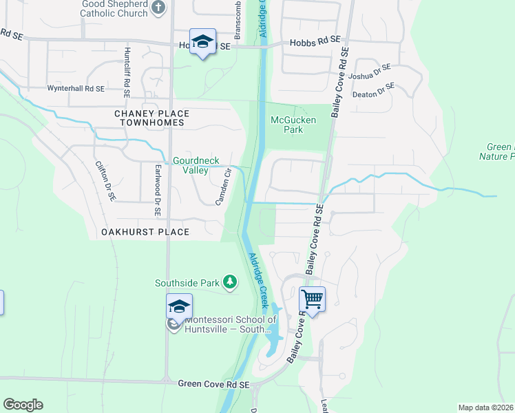 map of restaurants, bars, coffee shops, grocery stores, and more near 1209 Meadow Park Drive Southeast in Huntsville