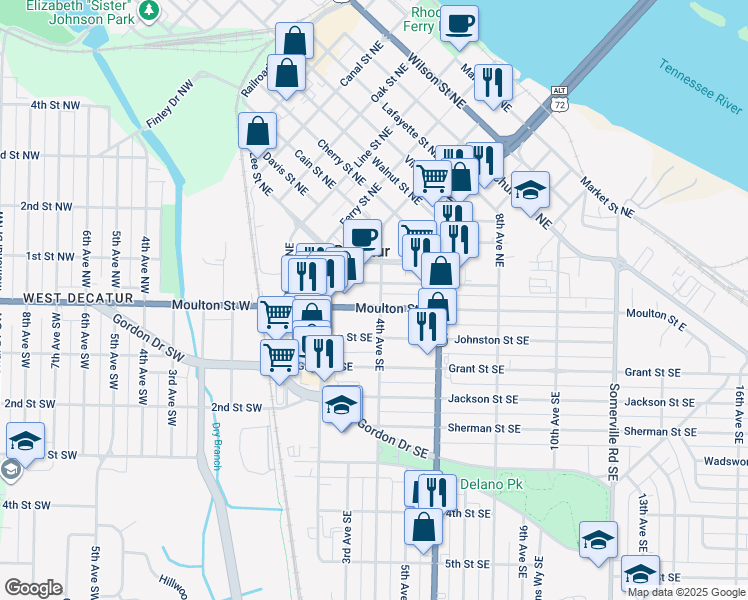 map of restaurants, bars, coffee shops, grocery stores, and more near 247 E Moulton Street East in Decatur