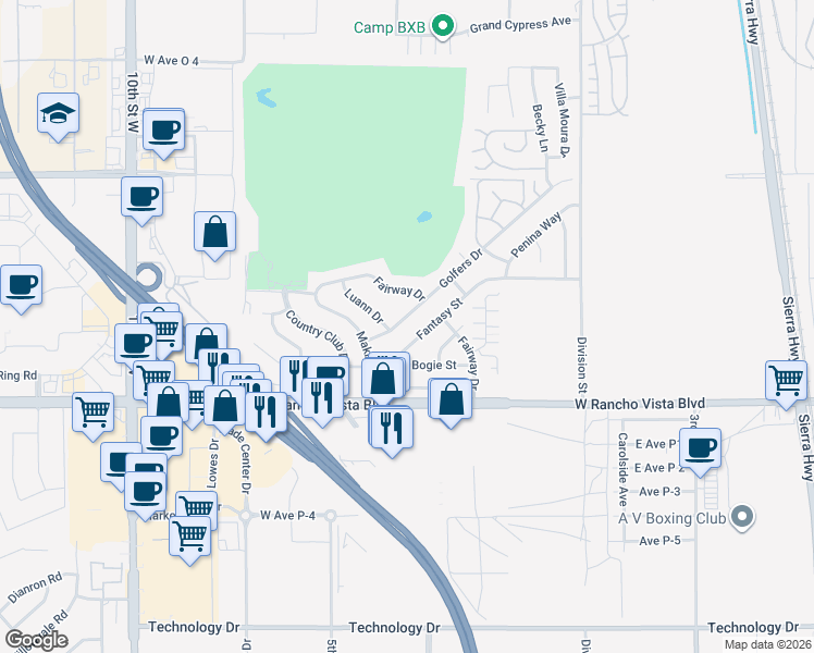 map of restaurants, bars, coffee shops, grocery stores, and more near 39748 Golfers Drive in Palmdale