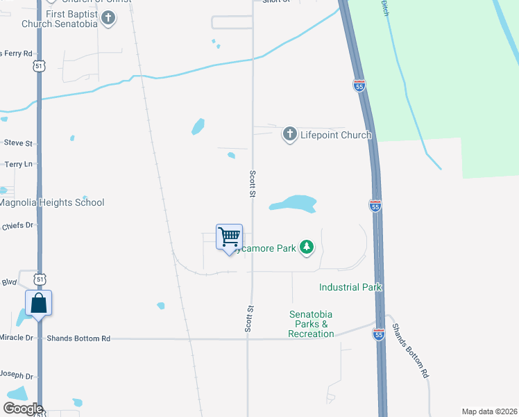 map of restaurants, bars, coffee shops, grocery stores, and more near 822 Scott Street in Senatobia