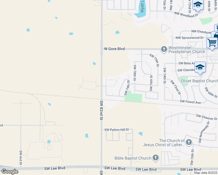 map of restaurants, bars, coffee shops, grocery stores, and more near 338 Southwest Boatsman Avenue in Lawton
