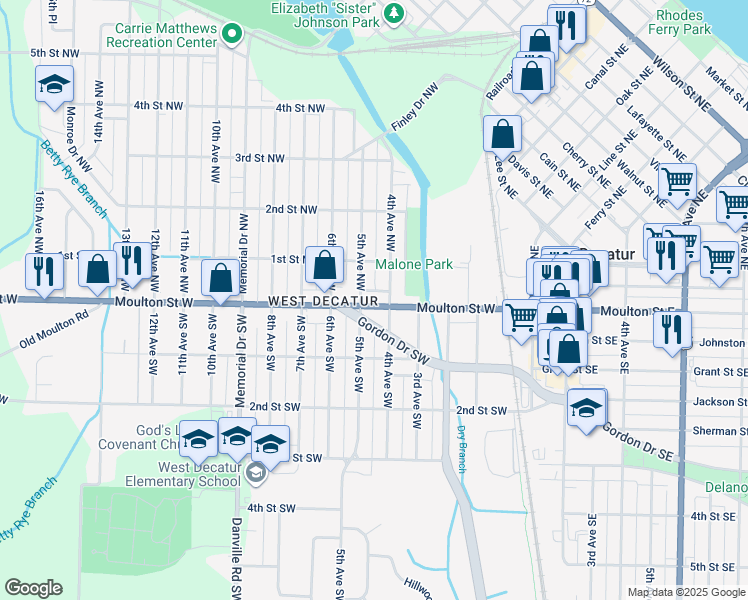 map of restaurants, bars, coffee shops, grocery stores, and more near 408 Moulton Street West in Decatur