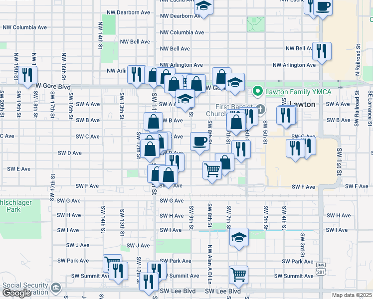 map of restaurants, bars, coffee shops, grocery stores, and more near 816 Southwest C Avenue in Lawton