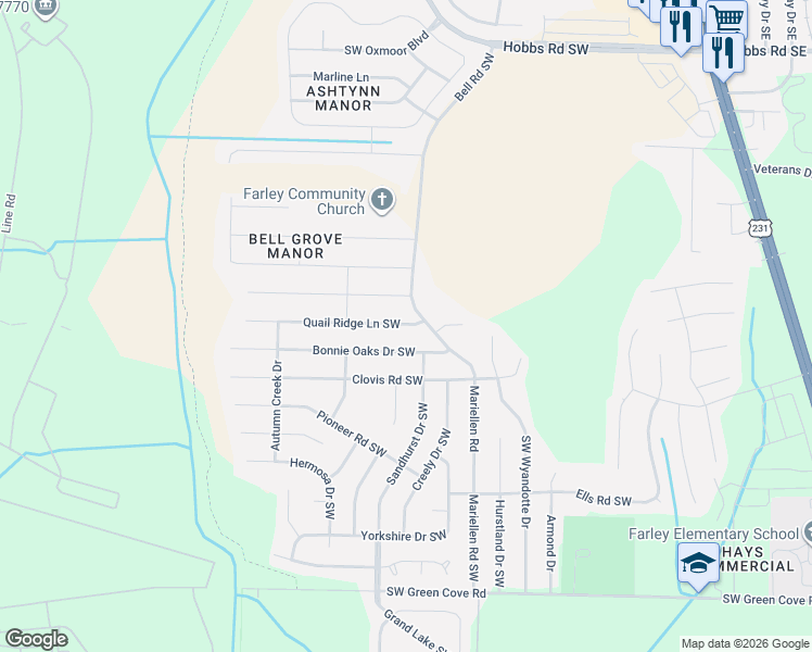 map of restaurants, bars, coffee shops, grocery stores, and more near 12315 Bell Road Southwest in Huntsville