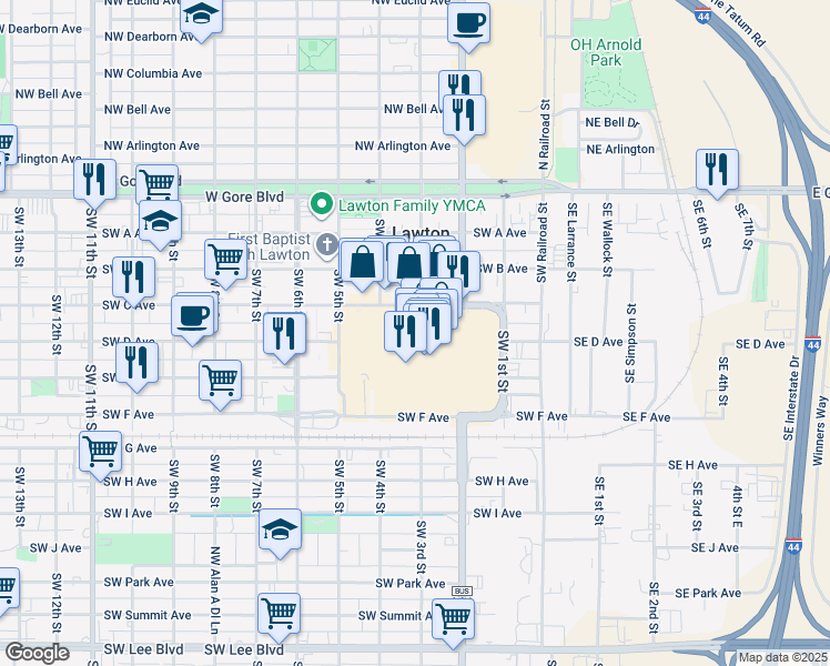 map of restaurants, bars, coffee shops, grocery stores, and more near 312 Southwest C Avenue in Lawton