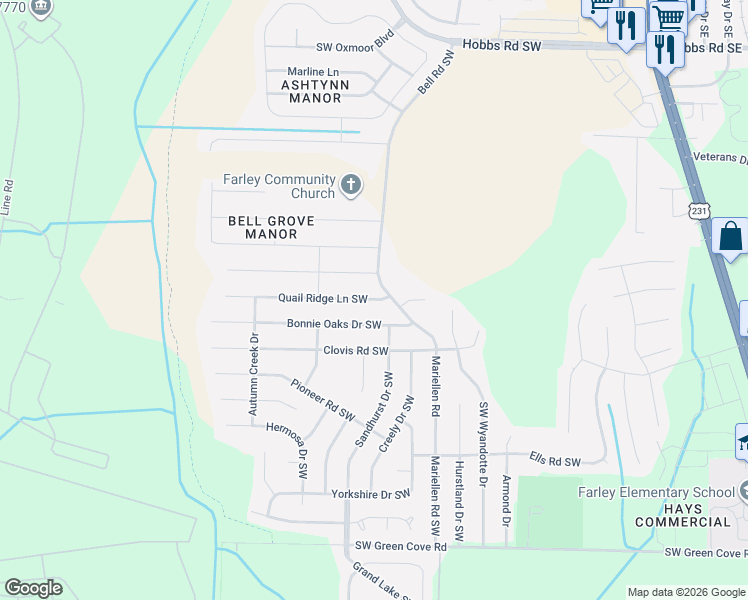 map of restaurants, bars, coffee shops, grocery stores, and more near 12315 Bell Road Southwest in Huntsville