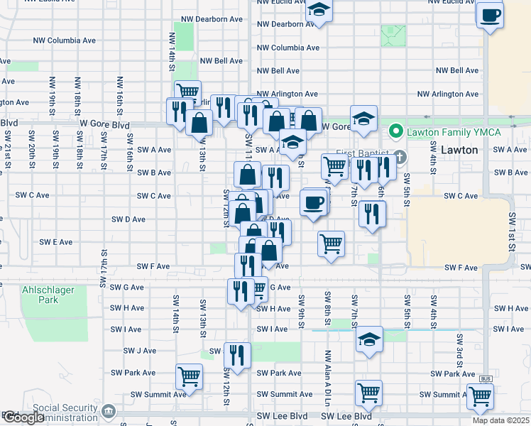 map of restaurants, bars, coffee shops, grocery stores, and more near 1016 Southwest C Avenue in Lawton