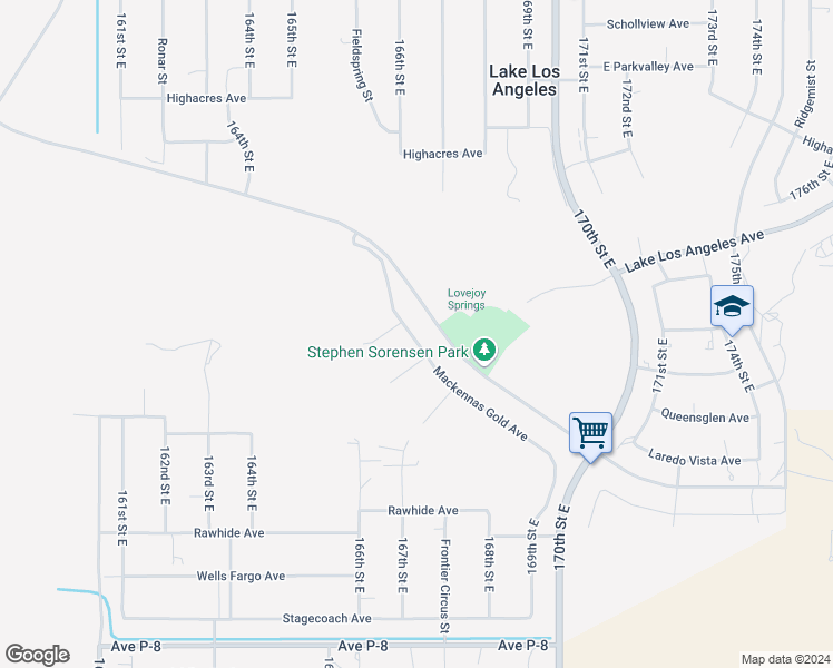map of restaurants, bars, coffee shops, grocery stores, and more near 16509 Mackennas Gold Avenue in Lake Los Angeles