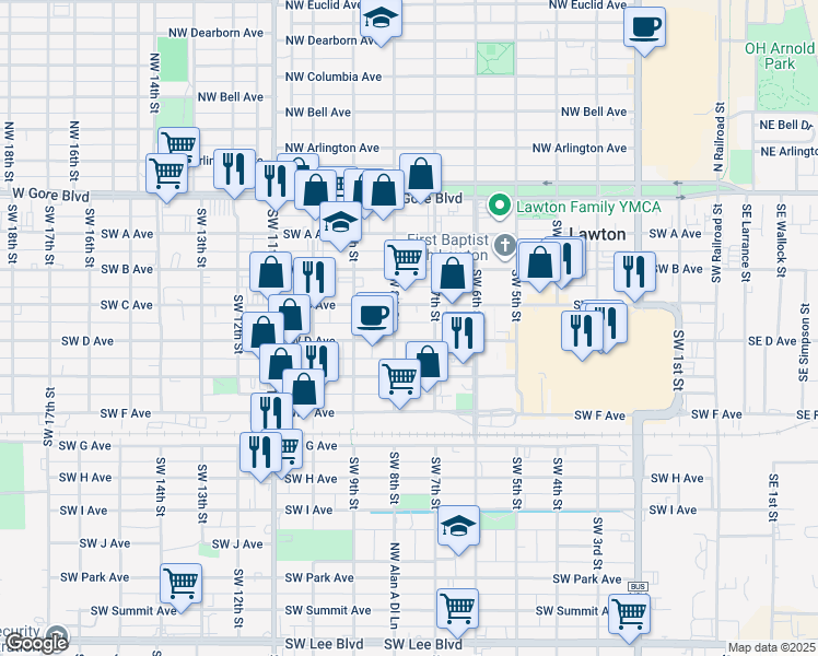 map of restaurants, bars, coffee shops, grocery stores, and more near 714 Southwest C Avenue in Lawton