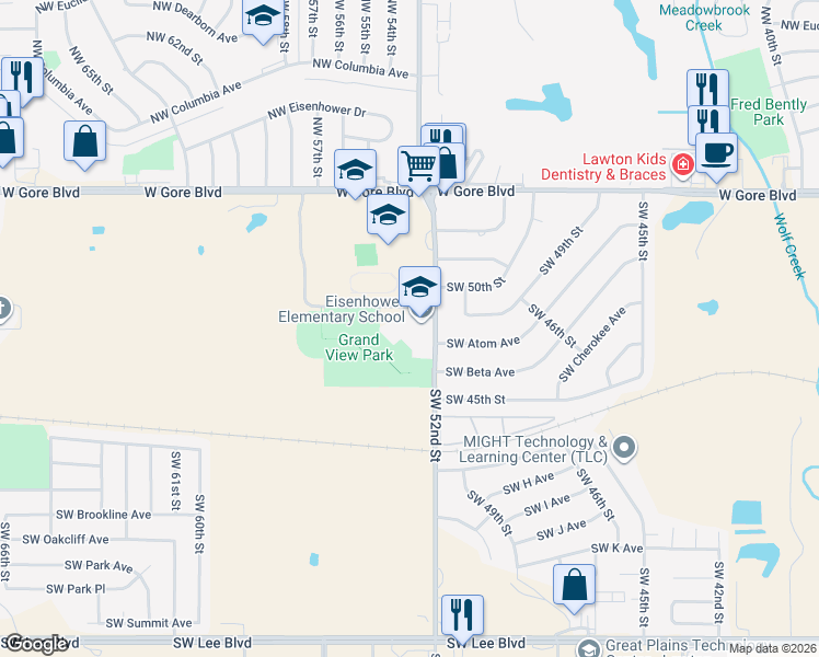 map of restaurants, bars, coffee shops, grocery stores, and more near 315 Southwest 52nd Street in Lawton