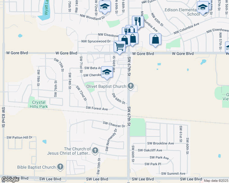 map of restaurants, bars, coffee shops, grocery stores, and more near 314 Southwest 68th Street in Lawton