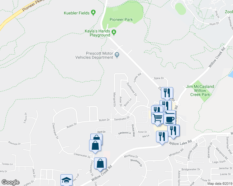 map of restaurants, bars, coffee shops, grocery stores, and more near 3345 Marigold Drive in Prescott