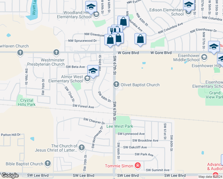 map of restaurants, bars, coffee shops, grocery stores, and more near 6720 Southwest Embassy Circle in Lawton