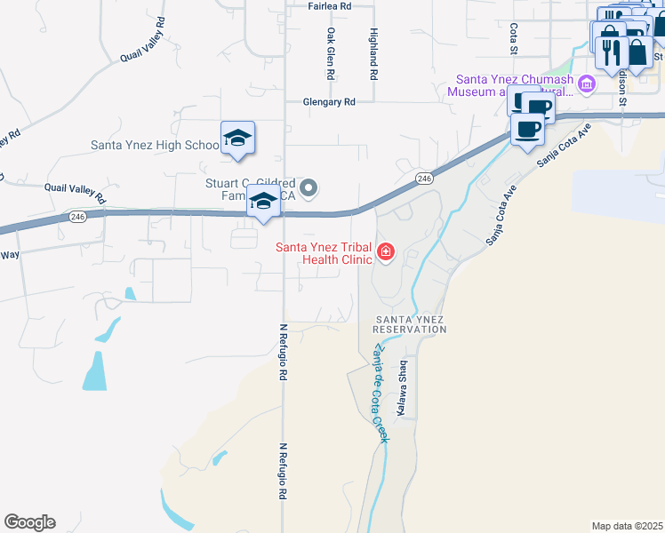 map of restaurants, bars, coffee shops, grocery stores, and more near 3095 Lucky Lane in Santa Ynez