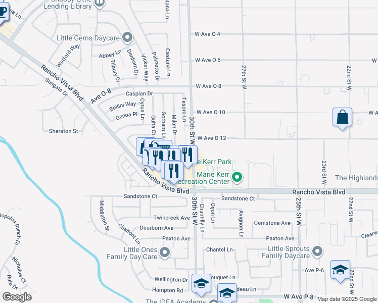 map of restaurants, bars, coffee shops, grocery stores, and more near 39724 Tesoro Lane in Palmdale