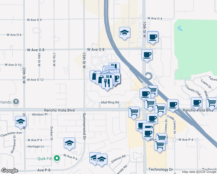 map of restaurants, bars, coffee shops, grocery stores, and more near 1233 West Rancho Vista Boulevard in Palmdale