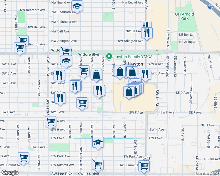 map of restaurants, bars, coffee shops, grocery stores, and more near 315 Southwest 5th Street in Lawton