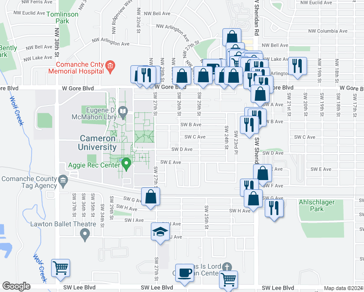map of restaurants, bars, coffee shops, grocery stores, and more near 2508 Southwest C Avenue in Lawton