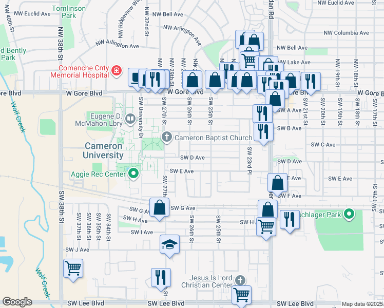 map of restaurants, bars, coffee shops, grocery stores, and more near 410 Southwest 26th Street in Lawton