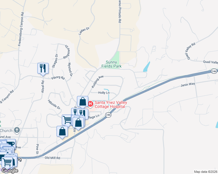 map of restaurants, bars, coffee shops, grocery stores, and more near 2162 Creekside Drive in Solvang