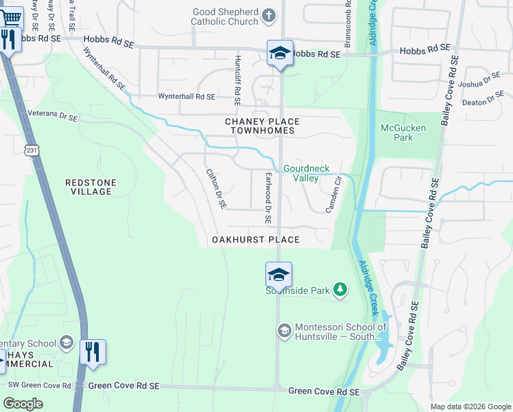 map of restaurants, bars, coffee shops, grocery stores, and more near 14011 Randamere Drive Southeast in Huntsville