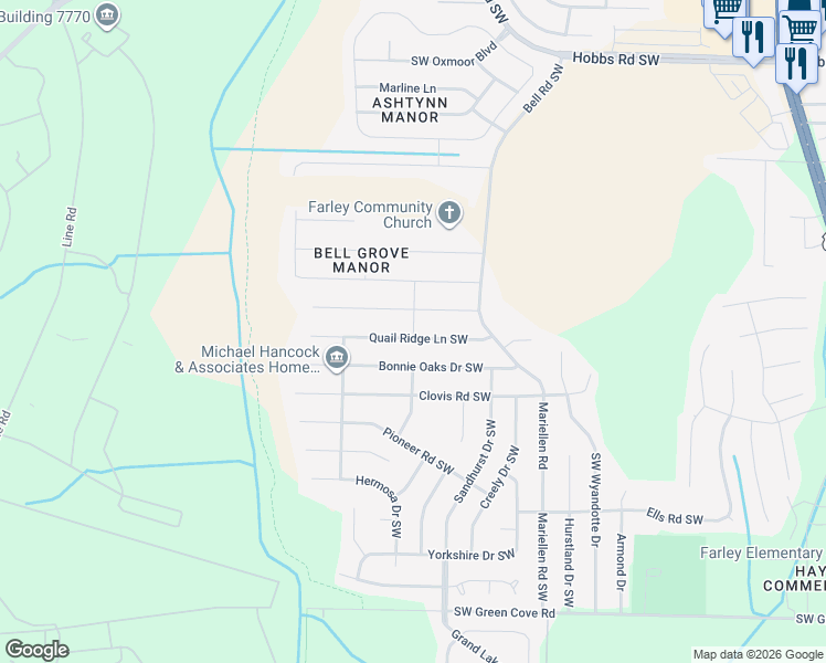 map of restaurants, bars, coffee shops, grocery stores, and more near 13806 Azalea Ridge Lane Southwest in Huntsville