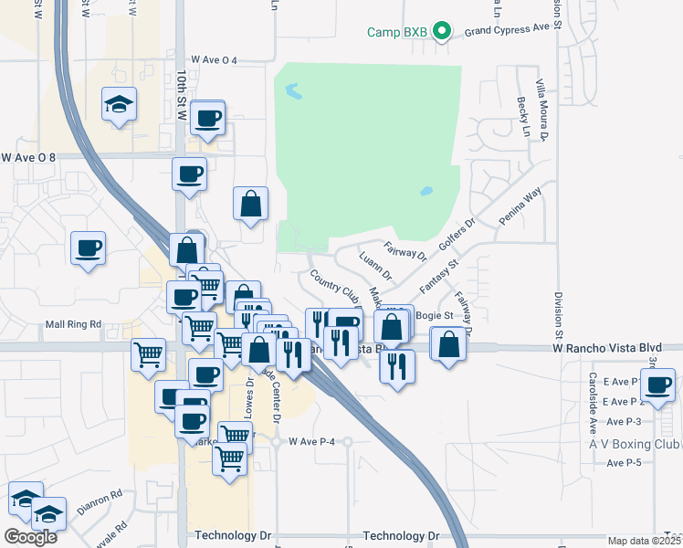 map of restaurants, bars, coffee shops, grocery stores, and more near 39740 Makin Avenue in Palmdale