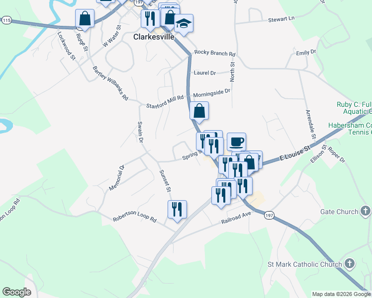 map of restaurants, bars, coffee shops, grocery stores, and more near 151 Russ Circle in Clarkesville