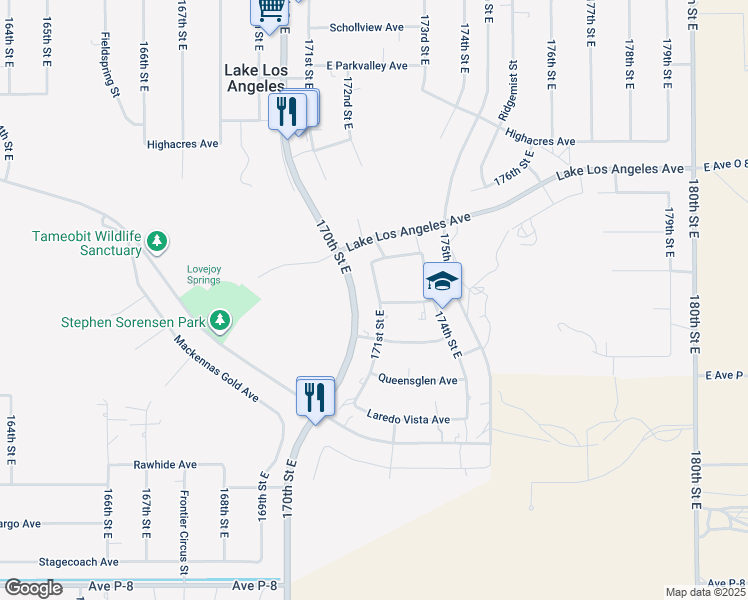 map of restaurants, bars, coffee shops, grocery stores, and more near 39749 171st Street East in Palmdale