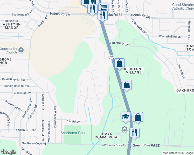map of restaurants, bars, coffee shops, grocery stores, and more near 2118 South Meadows Drive in Huntsville