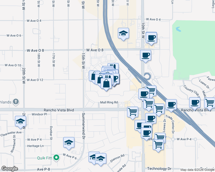map of restaurants, bars, coffee shops, grocery stores, and more near 1233 West Rancho Vista Boulevard in Palmdale